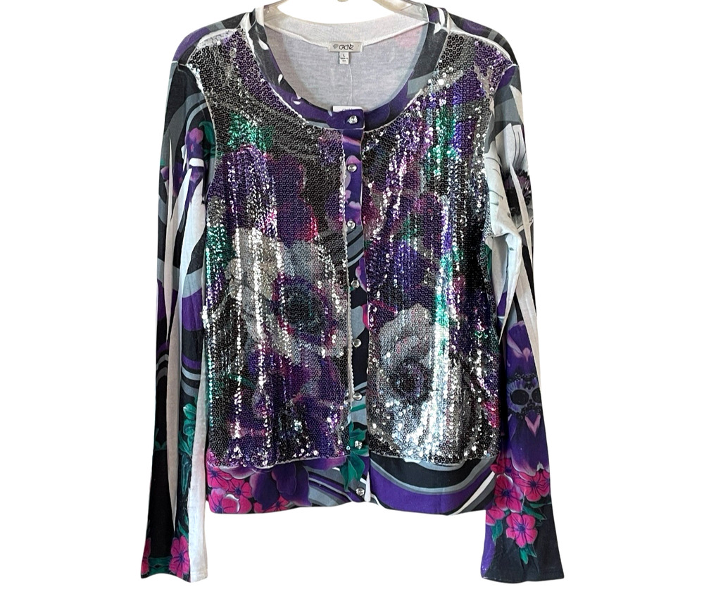 CACHE Women Large Purple Sequin Y2K Rhinestone Button-Up NWT Long Sleeve Top VTG
